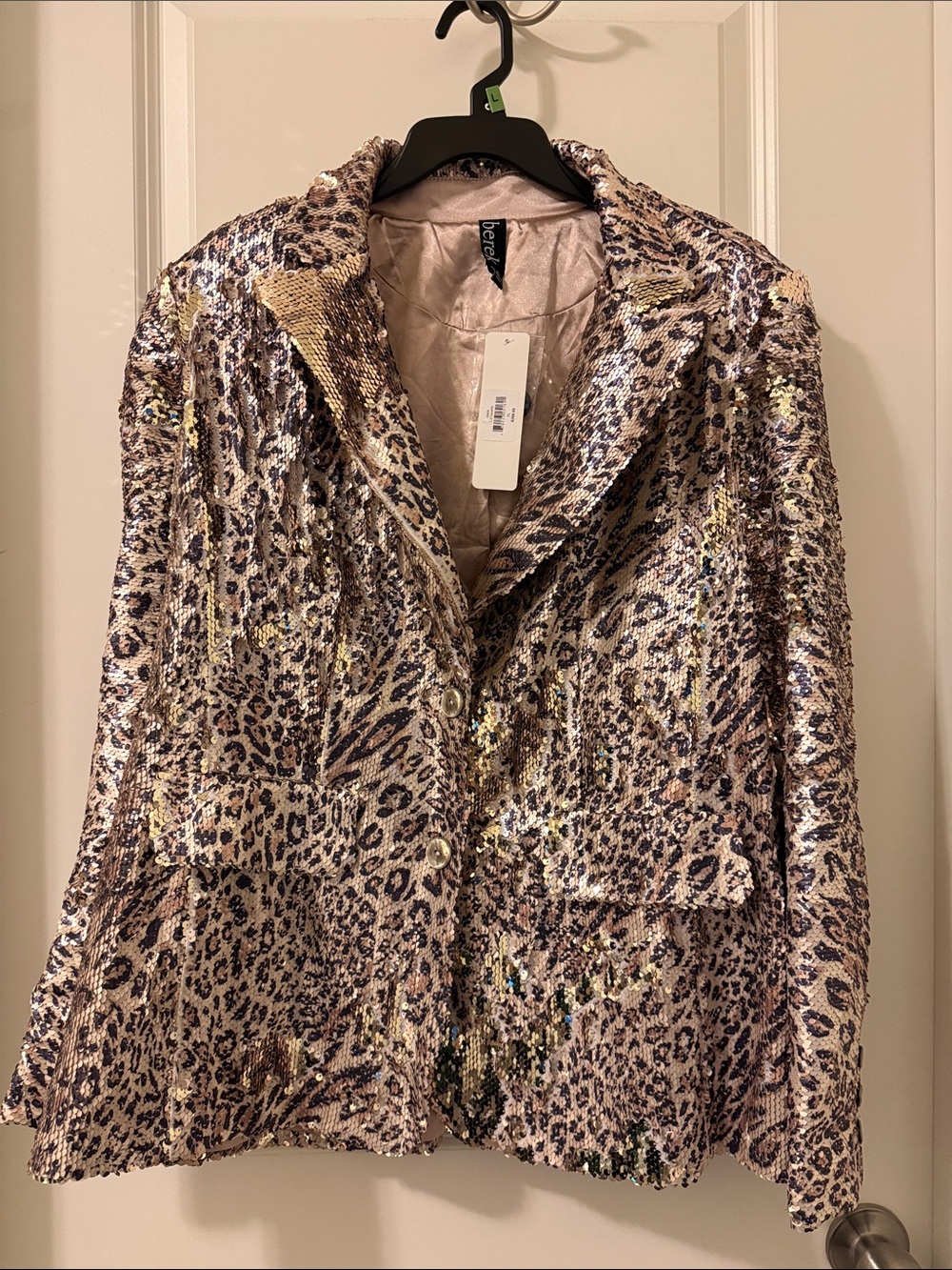 berek Sequin Leopard-Print Blazer in Beige and Gold